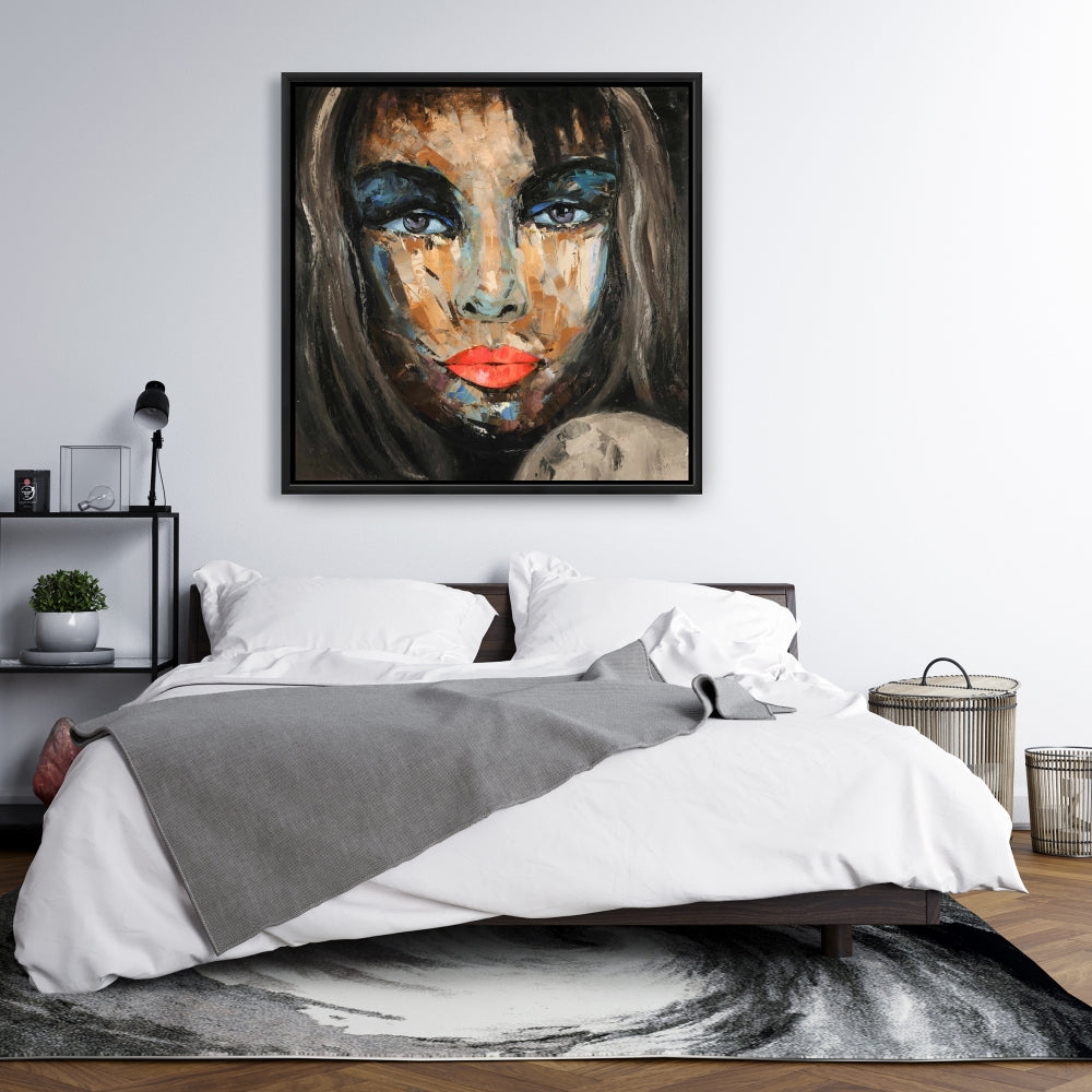 Portrait abstrait coloré sur toile – Décoration de chambre encadrée bleue
