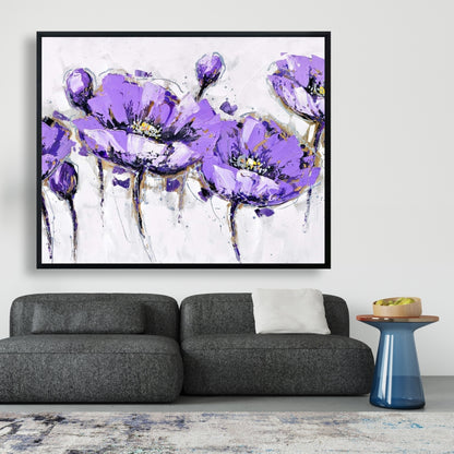 Toile botanique grise à fleurs violettes abstraites | Décoration d'intérieur