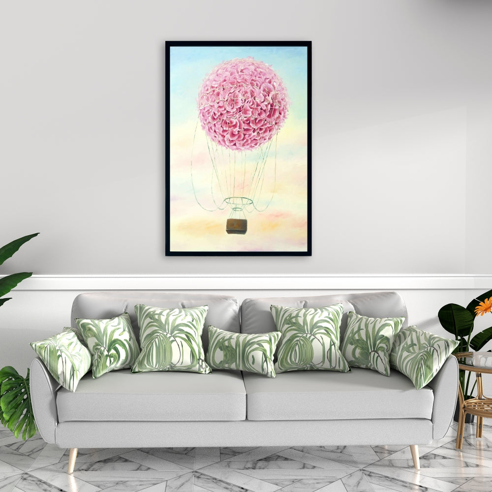 Hot Air Balloon Hydrangea Flowers Framed Canvas | Home Decor