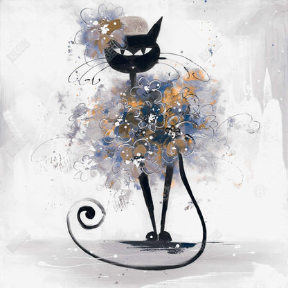 Cartoon Black Cat Canvas | Bedroom Blue Pet Wall Art Decor