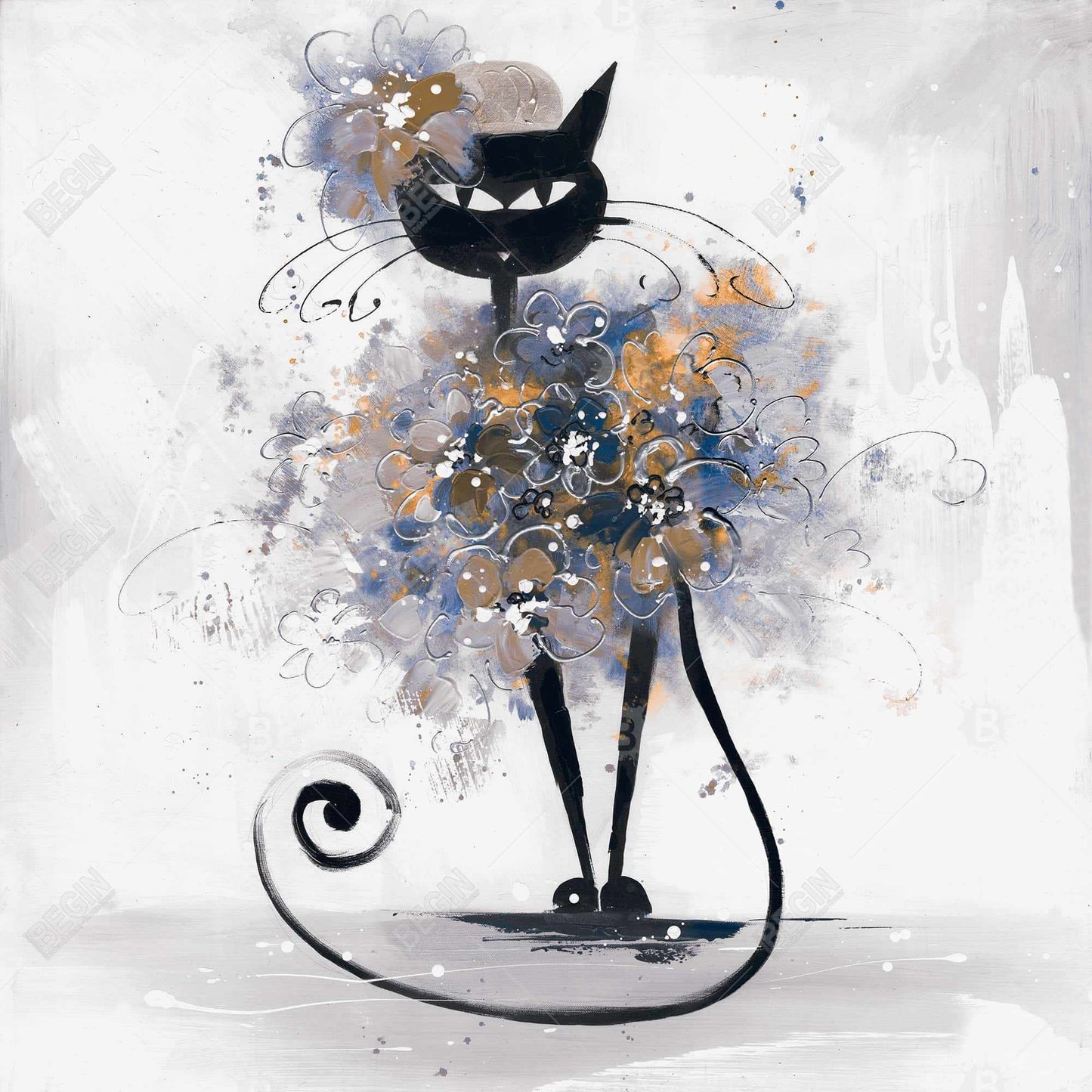 Toile de dessin animé Chat noir | Décoration de chambre pour animaux avec cadre bleu