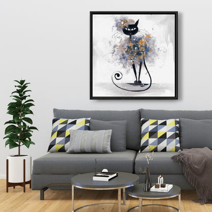 Toile de dessin animé Chat noir | Décoration de chambre pour animaux avec cadre bleu