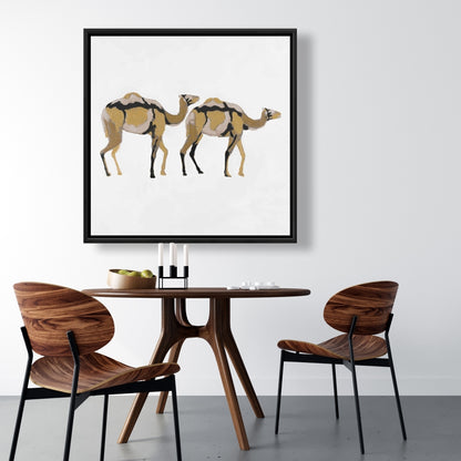 Toile abstraite « Deux dromadaires » | Art animalier avec cadre marron
