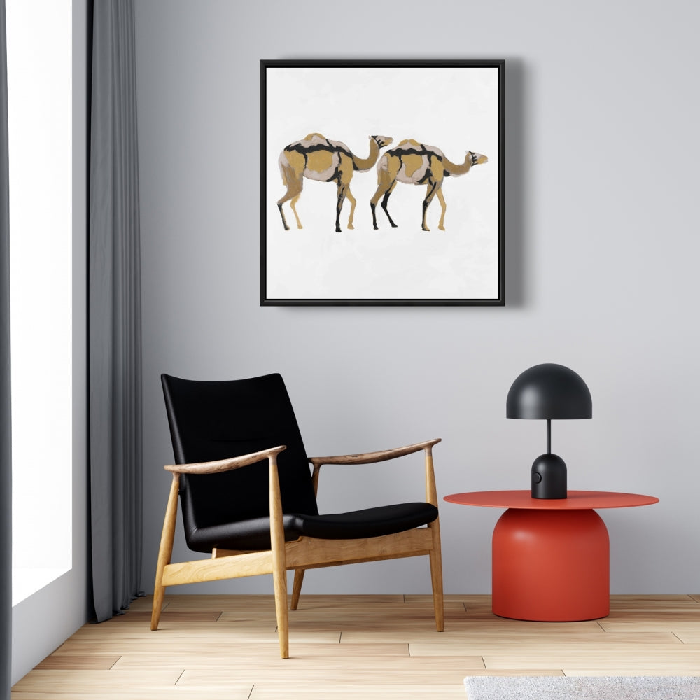 Toile abstraite « Deux dromadaires » | Art animalier avec cadre marron
