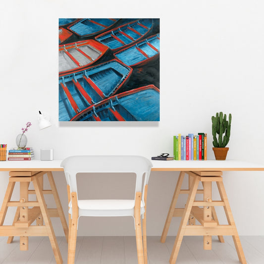 Small Blue and Red Canoes Canvas | Coastal Home Decor