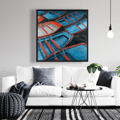 Toile de salle de bain bleu marine | Décor de petits canoës bleus et rouges