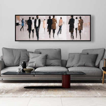 Toile encadrée représentant une femme dans une rue bleue