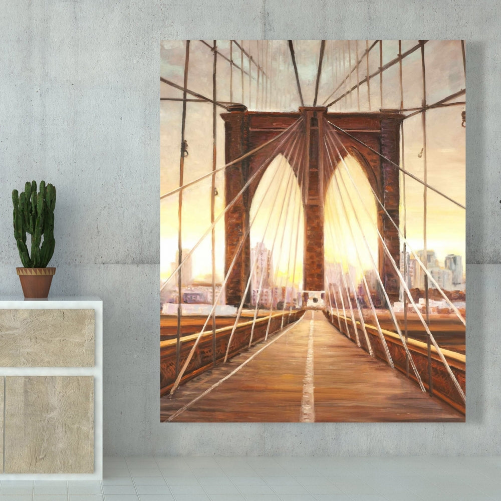 Sunset on Brooklyn Bridge Canvas - Bedroom Decor, Brown Art