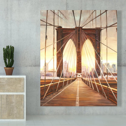 Sunset on Brooklyn Bridge Canvas - Bedroom Decor, Brown Art