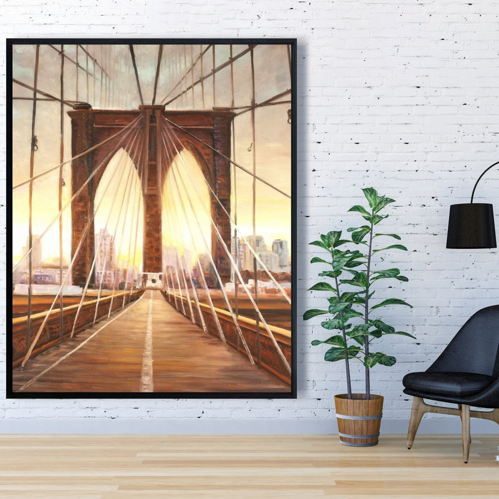 Décoration de chambre : Coucher de soleil sur le pont de Brooklyn sur toile marron