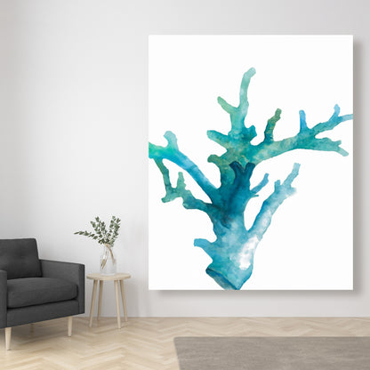 Toile aquarelle bleu scandinave avec corail marin | Décoration d'intérieur