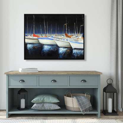 Toile « Bateaux de pêche à la marina » | Décoration murale encadrée bleue