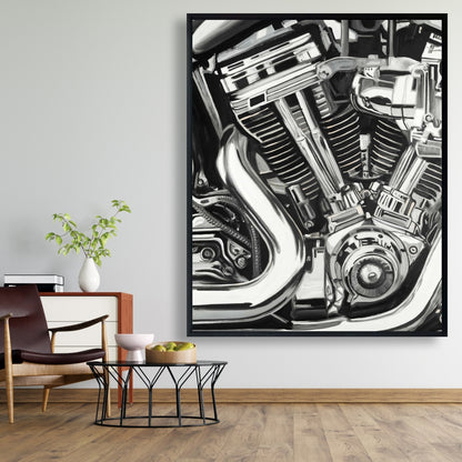 Motorcycle Mechanism Canvas | White Framed Art for Home Decor