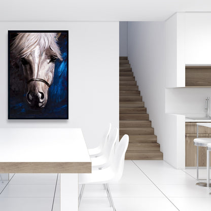 White Horse on Blue Canvas | Contemporary Animal Home Decor