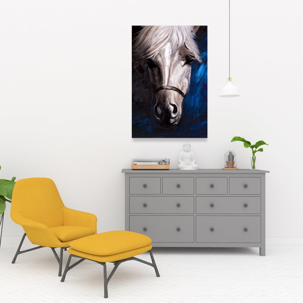 White Horse Canvas | Blue Farm Animal Wall Art for Home Decor
