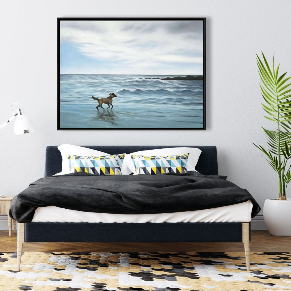 Toile « Chien sur la plage » bleu | Décoration murale