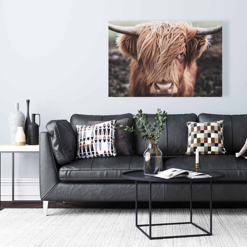 Toile désaturée représentant une vache des Highlands – Décoration d'animaux de ferme marron