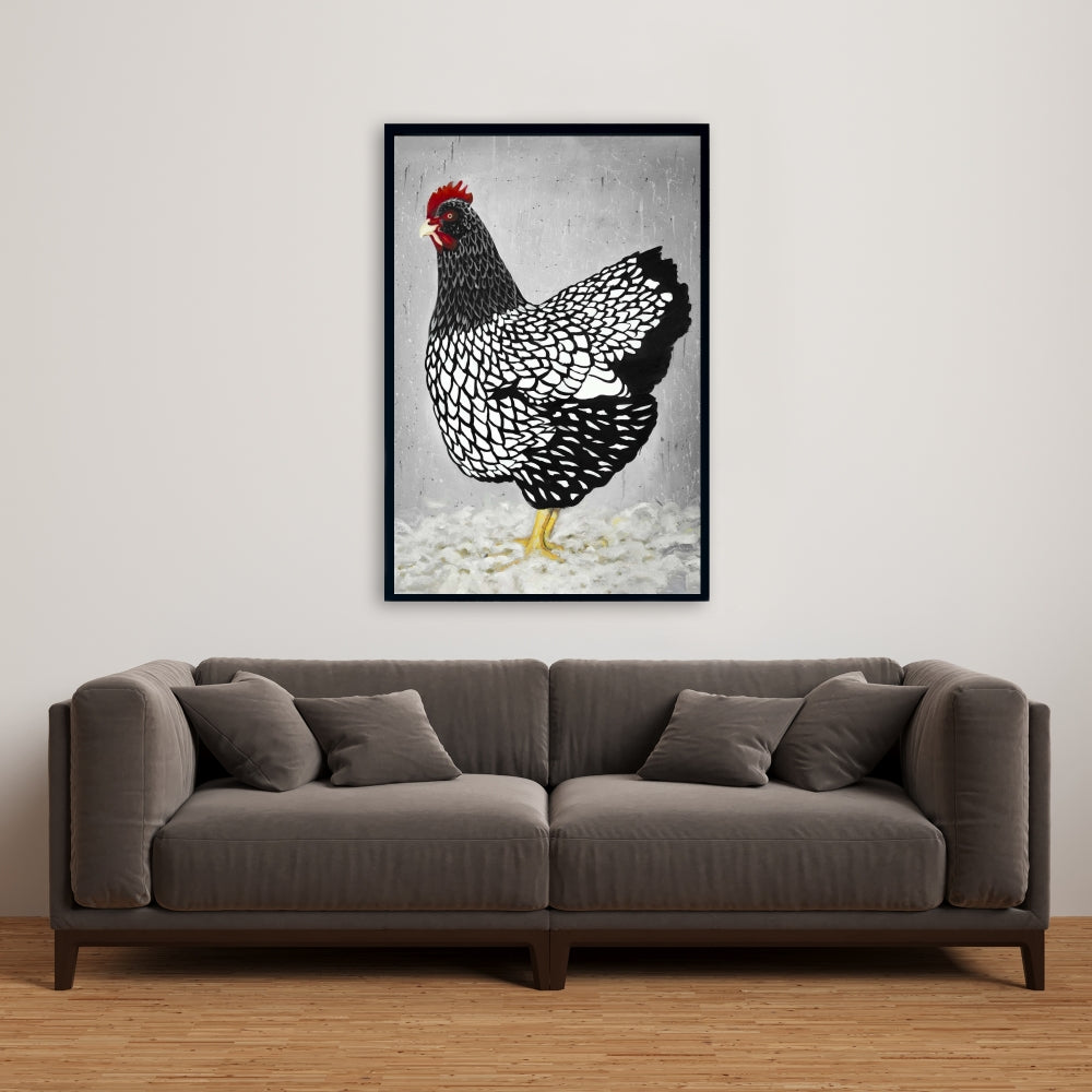 White Rustic Framed Canvas | Black and White Wyandotte Hen