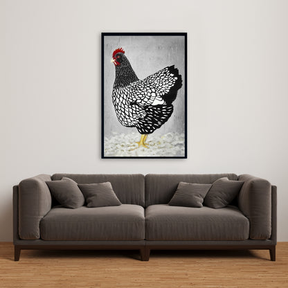 White Rustic Framed Canvas | Black and White Wyandotte Hen