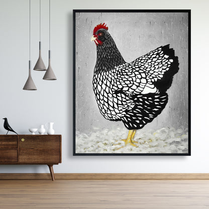 White Rustic Framed Canvas | Black and White Wyandotte Hen