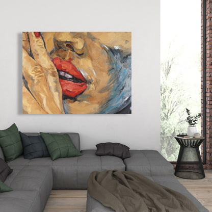 Beauty Contemporary Brown Canvas - Shushing Lips Closeup Decor