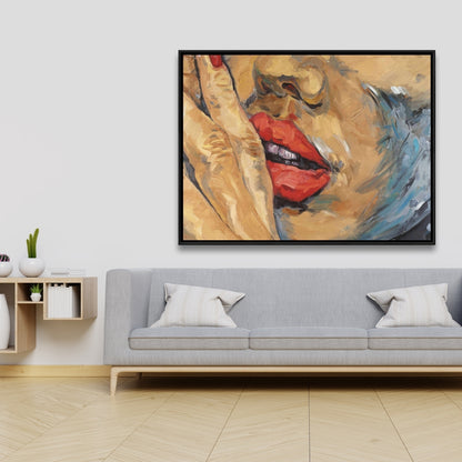 Figurative Brown Contemporary Framed Canvas - Shushing Lips Decor
