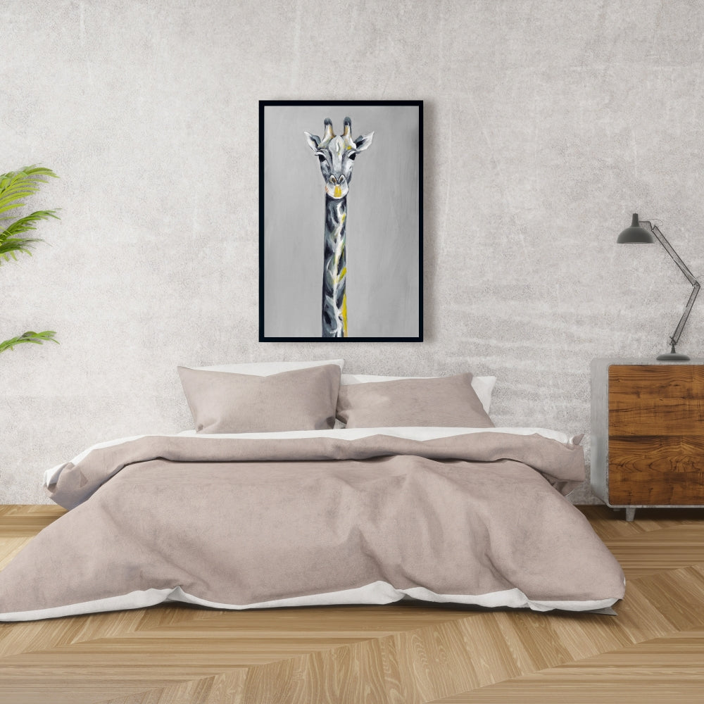 Toile girafe bleu acier – Décoration murale encadrée rétro