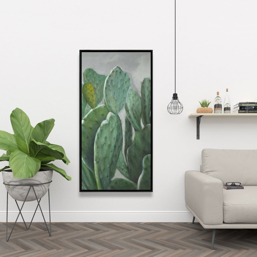 Paddle Cactus Botanical Gray Floral Framed Canvas Home Decor
