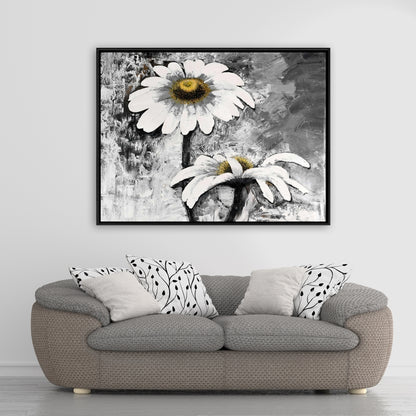 Toile abstraite avec marguerites et fleurs - Décoration industrielle pour chambre blanche