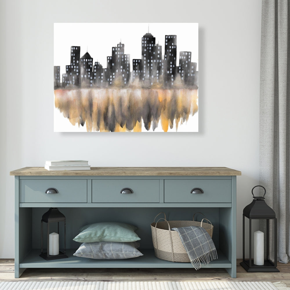 Toile aquarelle jaune représentant un paysage urbain - Décoration murale pour chambre à coucher