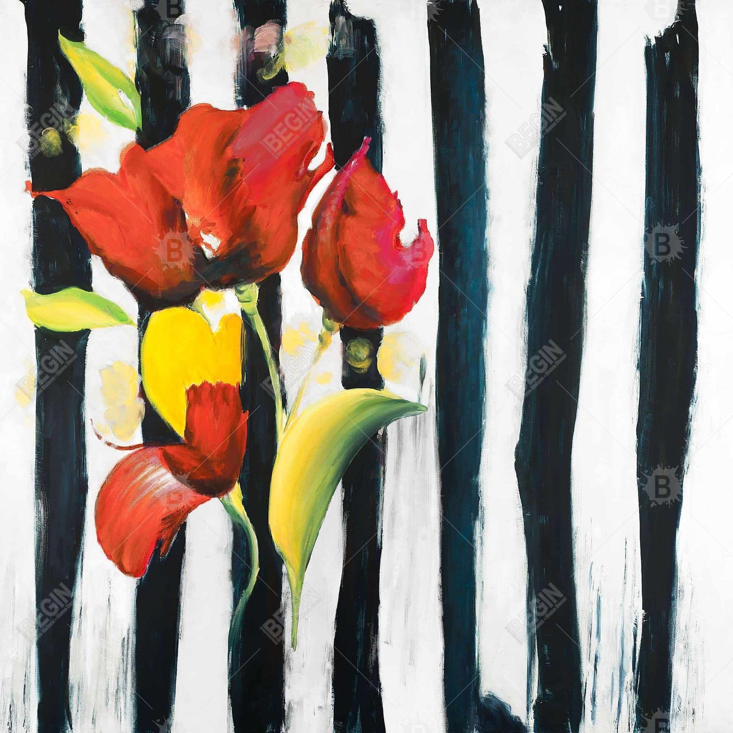 Red Flowers on Stripes Canvas - Botanical Fashion Home Decor
