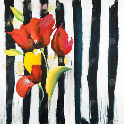 Red Flowers on Stripes Canvas - Botanical Fashion Home Decor