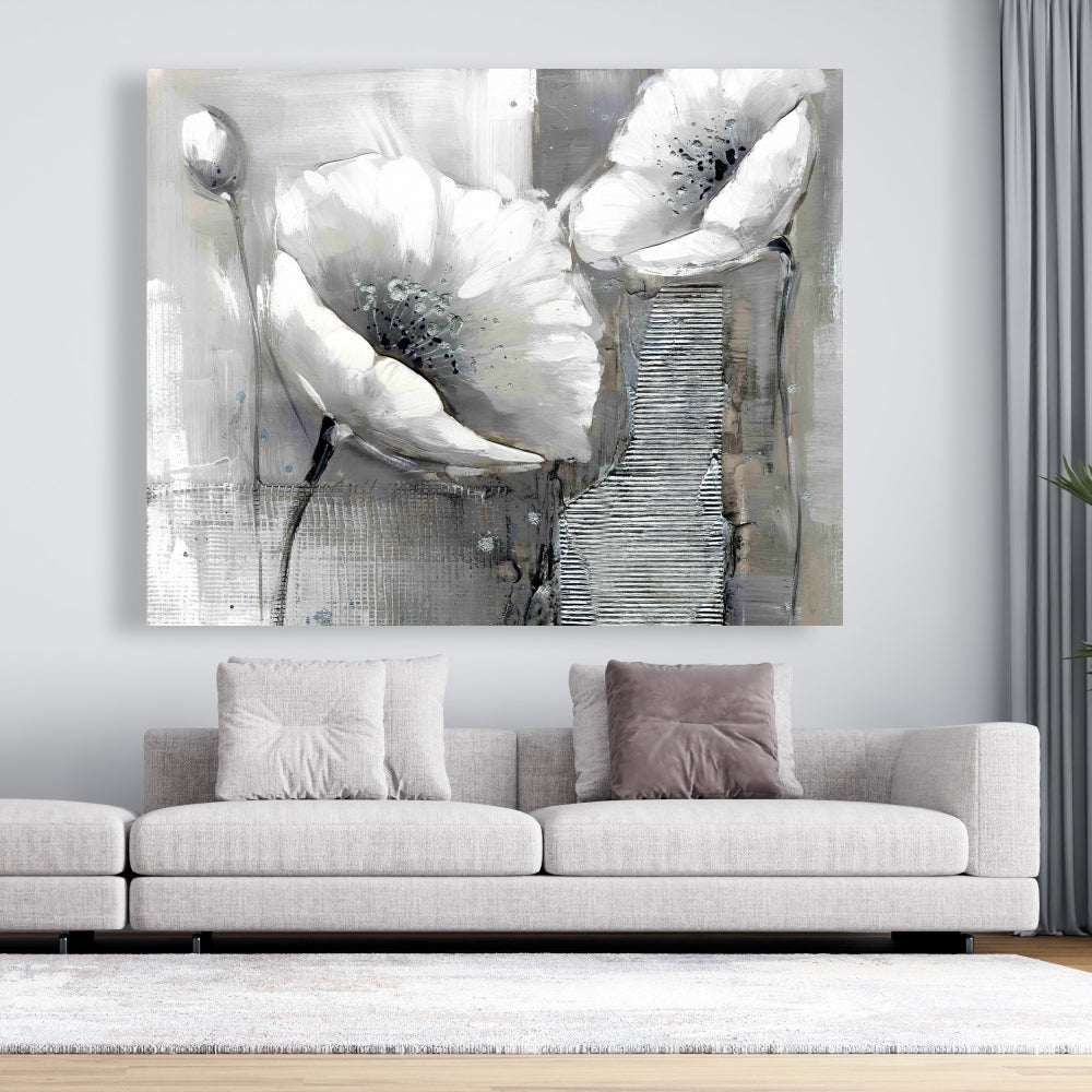 White Botanical Canvas - Industrial Monochrome Flowers Decor