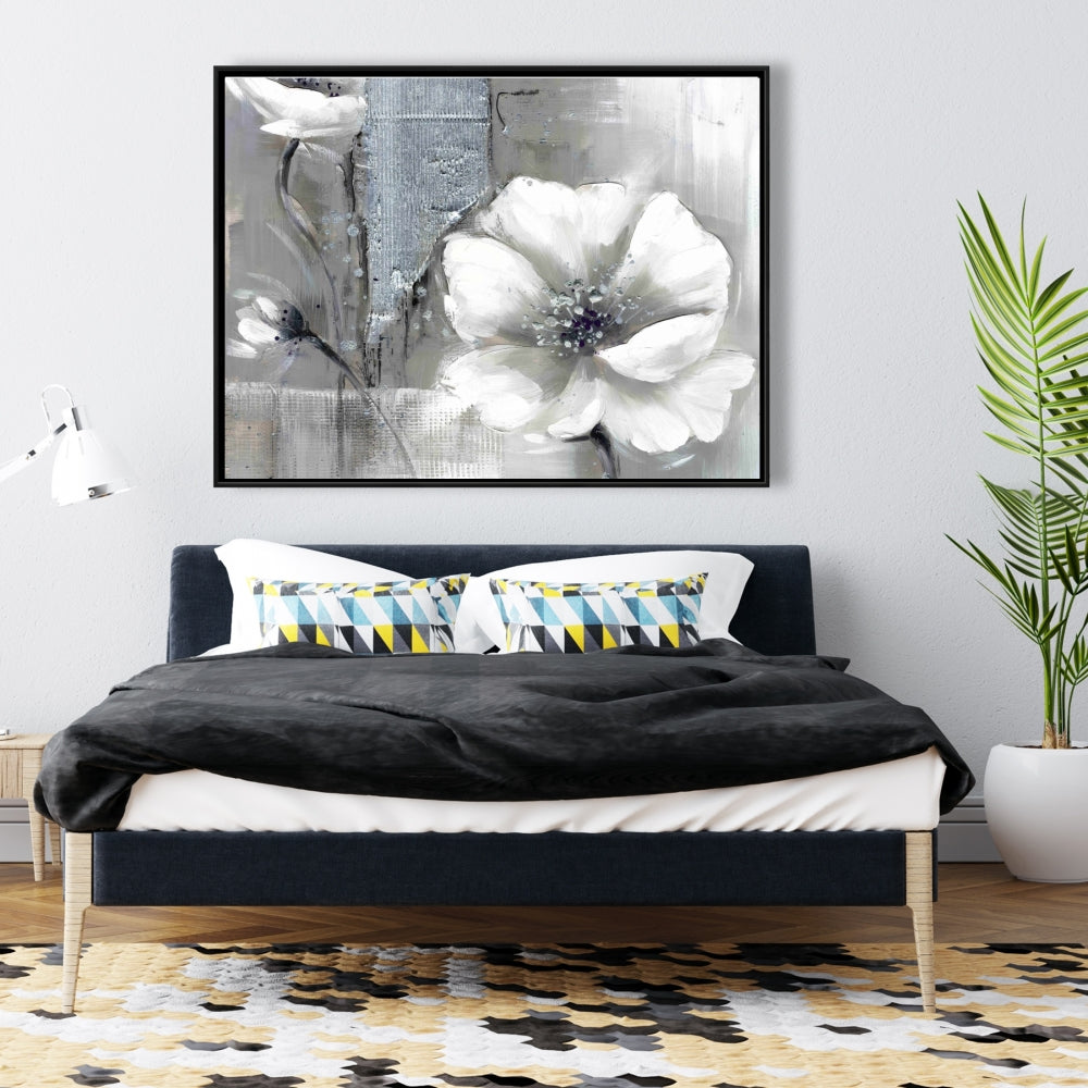 Monochrome & Silver Flowers | Industrial Floral Canvas Art