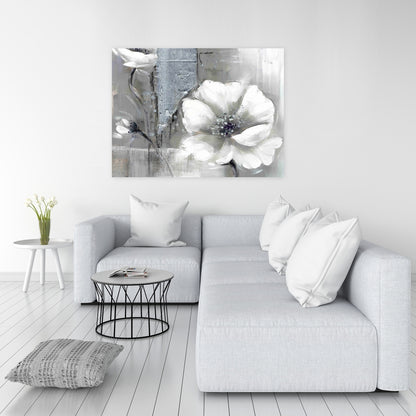 Monochrome Silver Flowers Canvas - Botanical Industrial Decor