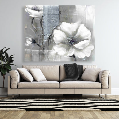 Monochrome Silver Flowers Canvas - Botanical Industrial Decor