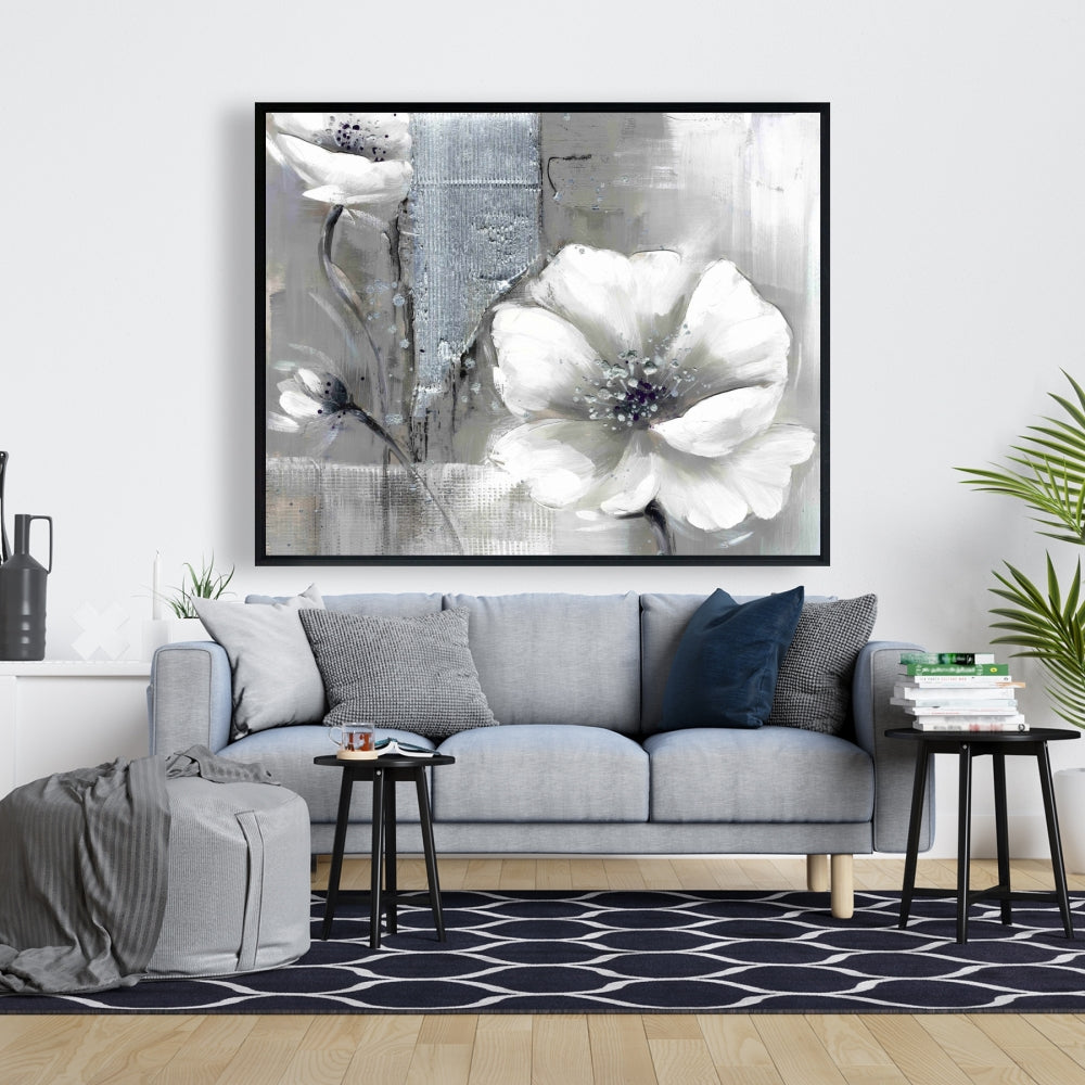 Monochrome & Silver Flowers | Industrial Floral Canvas Art