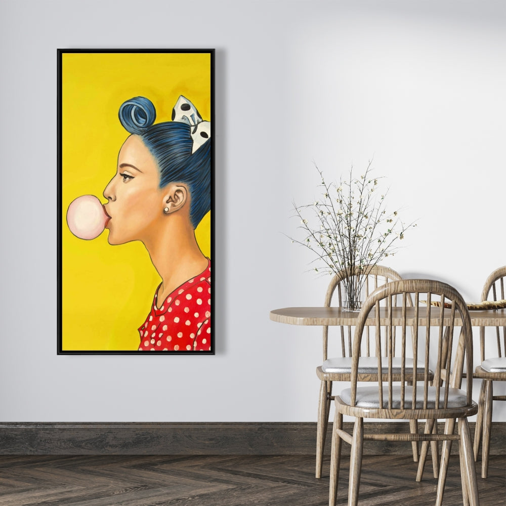 Retro Woman Ponytail Canvas - Blue Figurative Framed Art