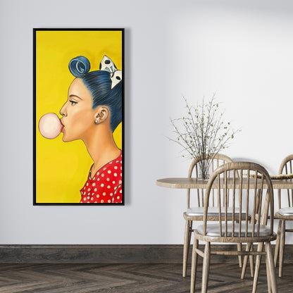 Retro Woman Ponytail Canvas - Blue Figurative Framed Art
