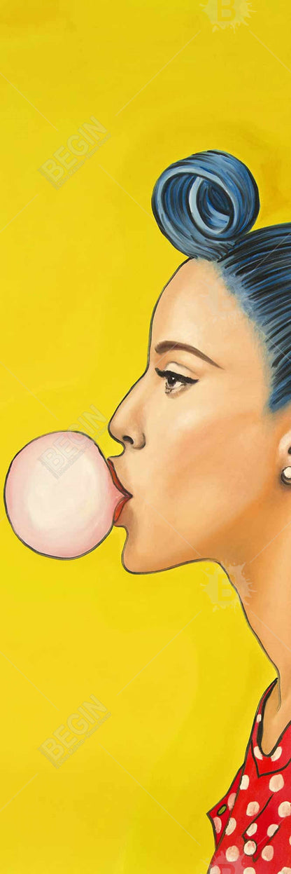 Retro Woman Ponytail Canvas - Blue Figurative Framed Art