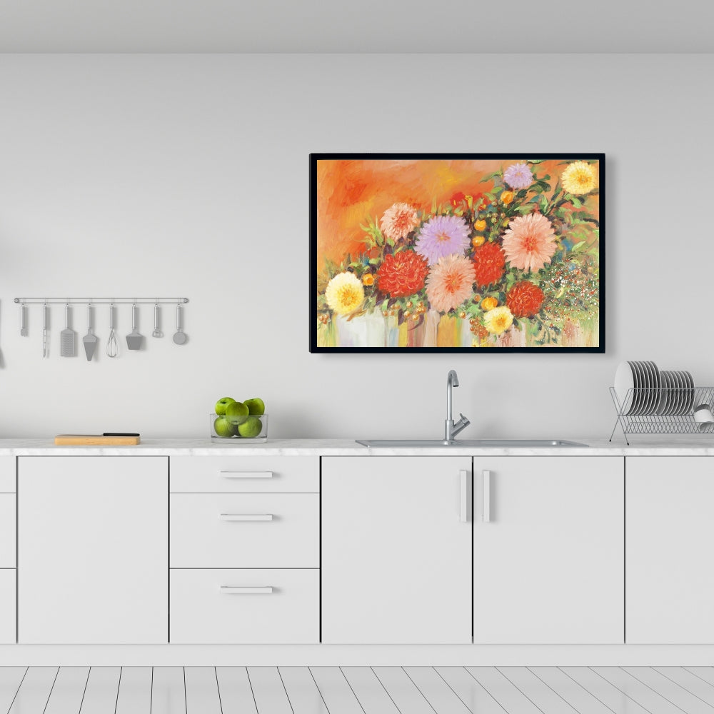 Fleurs abstraites colorées | Toile encadrée orange pour décoration d'intérieur