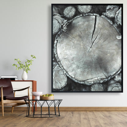Stacked Wood Logs Canvas | White Framed Monochrome Decor