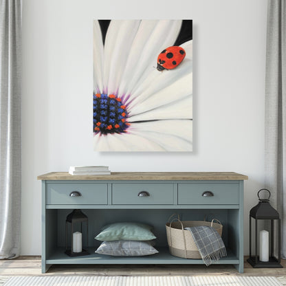 White Daisy and Ladybug | Botanical Blue Bedroom Canvas Decor