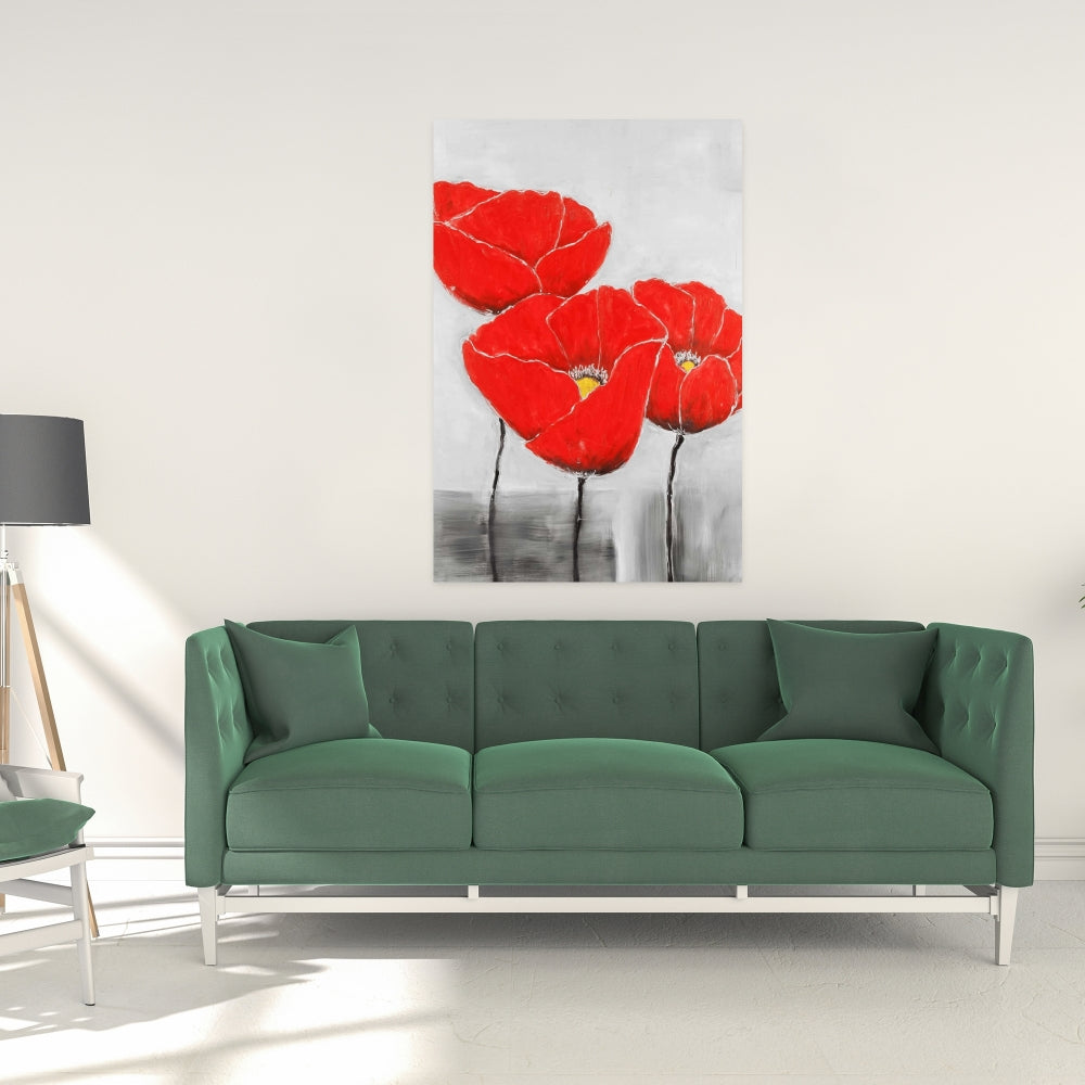 Three Poppies Industrial Gray Canvas - Bedroom Wall Art Decor