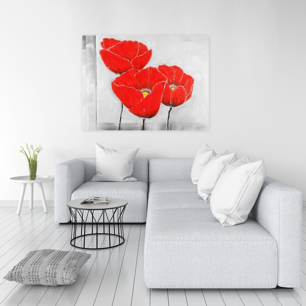Three Poppies Industrial Gray Canvas - Bedroom Wall Art Decor
