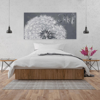 Toile botanique blanche représentant un pissenlit qui souffle | Décoration d'intérieur