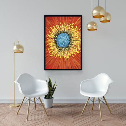 Blue Contemporary Botanical Canvas - Closeup on Red Flower Decor