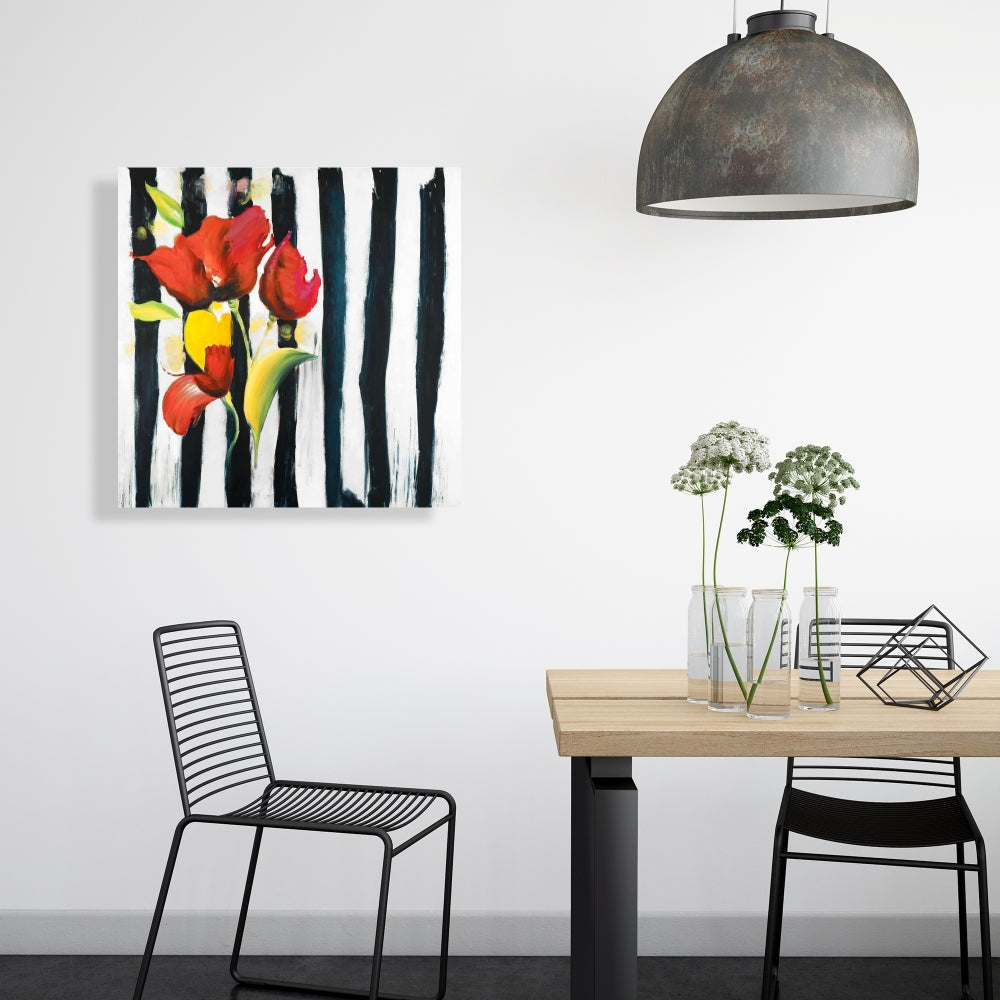 Red Flowers on Stripes Canvas - Botanical Fashion Home Decor