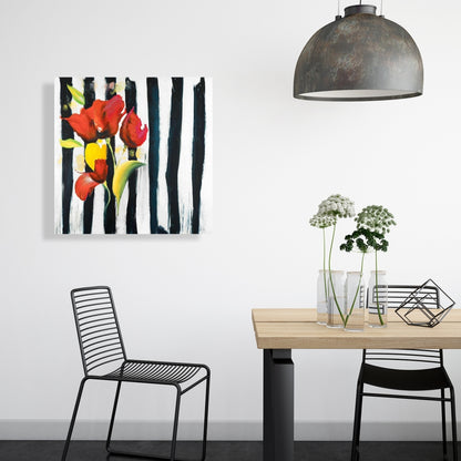 Red Flowers on Stripes Canvas - Botanical Fashion Home Decor