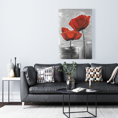Gray Botanical Canvas | Two Red Flowers on Grayscale Background